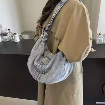 Джинсовая сумка-хобо через плечо женская сумка для поездок на работу чёрный