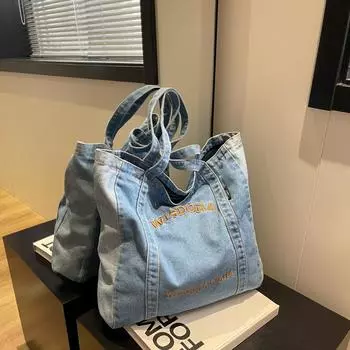 Джинсовая сумка контрастного цвета с вышивкой букв, новинка 2023 года, корейская версия, минималистичная тканевая сумка с сумкой на плечо