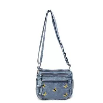 Джинсовая сумка кроссбоди с вышивкой бабочек, многослойная сумка для мобильного телефона, женская маленькая квадратная сумка светло-синий