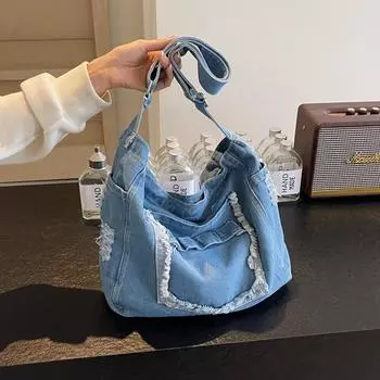 Джинсовая сумка-мессенджер женская большая вместительная сумка через плечо студенческая сумка через плечо чёрный