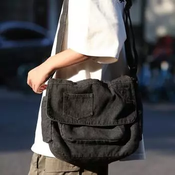 Джинсовая сумка мужская большая вместительная сумка через плечо студенческая сумка для занятий женская сумка через плечо чёрный