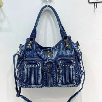 Джинсовая сумка, парусина, корейская версия, повседневная сумка через плечо большой вместимости, сумка с несколькими карманами на заклепках синий
