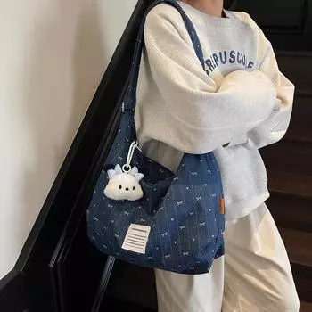 Джинсовая сумка с бантом, женская сумка на плечо, большая вместительная сумка-тоут, студенческая сумка для бега и путешествий через плечо темно-синий