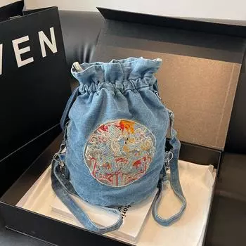 Джинсовая сумка с вышивкой, контрастная женская сумка через плечо, студенческий рюкзак, сумка через плечо светло-синий