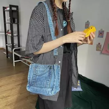 Джинсовая сумка Студенческая маленькая сумка Женская сумка на плечо для поездок на работу темно-синий