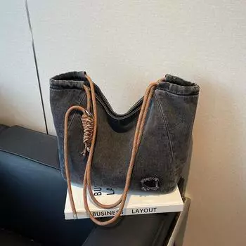 Джинсовая сумка-тоут весна и лето новая мода большая вместимость повседневная на плечо высококлассная женская сумка чёрный