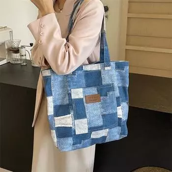 Джинсовая сумка-тоут, женская сумка через плечо большой вместимости, пригородная сумка, клетчатая сумка чёрный