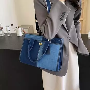 Джинсовая сумка Женская большая сумка с цветными блоками Большая вместительная сумка через плечо через плечо чёрный