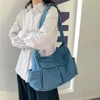 Джинсовая сумка Женская большая вместительная сумка через плечо Студенческая сумка через плечо Большая сумка темно-синий