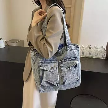 Джинсовая сумка женская большая вместительная легкая сумка-тоут для студентов, занятий, книг чёрный