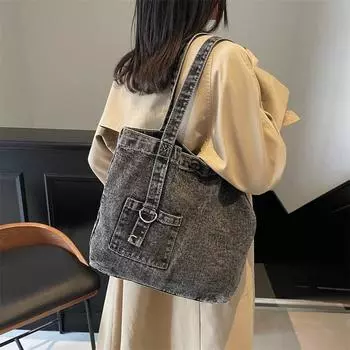 Джинсовая сумка женская большая вместительная сумка через плечо хозяйственная сумка сумка-тоут темно-синий