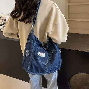 Джинсовая сумка Женская школьная сумка Большая вместительная сумка темно-синий