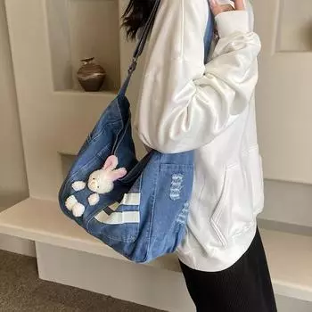Джинсовая сумка, женская сумка через плечо с мультяшным кроликом, сумка через плечо, женская большая сумка большой вместимости чёрный
