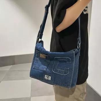 Джинсовая сумка Женская сумка через плечо с буквами Большая вместительная сумка через плечо чёрный