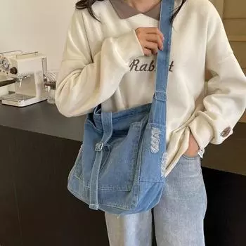 Джинсовая сумка, женская сумка, студенческая сумка через плечо большой вместимости, сумка через плечо чёрный