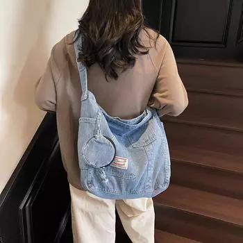 Джинсовая сумка женская сумка-тоут большая вместительная сумка через плечо студенческая сумка для занятий чёрный