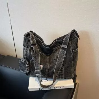 Джинсовая сумка женская весенне-летняя студенческая сумка кроссбоди на плечо большая вместимость сумка-тоут сумка для чёрный