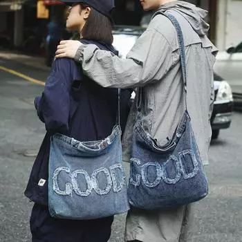 Джинсовая сумка женская винтажная потертая джинсовая сумка с надписью Casual Crossbody сумка модная студенческая холщовая сумка на плечо темно-синий
