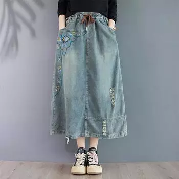 Джинсовая ткань больших размеров с высокой талией, винтажная вышивка, весна-осень, повседневная свободная длинная юбка для женщин, женская юбка L