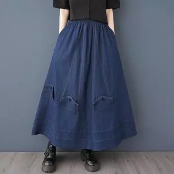 джинсовая ткань больших размеров с высокой талией винтажная весна-лето повседневная свободная длинная женская юбка женская юбка синий