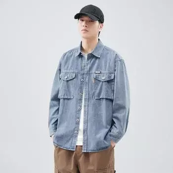 Джинсовая ткань с интенсивным эффектом стирки, жареная соль, японский ретро-трендовый бренд, свободная повседневная рубашка, куртка, сине-серый в горошек, весь заказ M сине серый