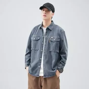 Джинсовая ткань с интенсивным эффектом стирки, жареная в воде, с солью, японская ретро-модная брендовая свободная повседневная рубашка, куртка, синяя, серая, черная, износостойкая M