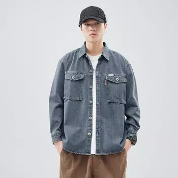 Джинсовая ткань с интенсивным эффектом стирки, жареная соль, японская ретро-модная брендовая свободная повседневная рубашка, куртка, синяя, серая, в горошек, весь заказ M
