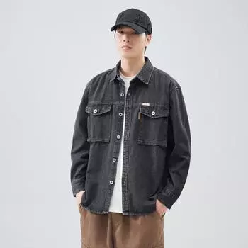 Джинсовая ткань с интенсивным эффектом стирки, жареная в воде, с солью, японская ретро-модная брендовая свободная повседневная рубашка, куртка, черный в горошек, цельный хлопок M чёрный
