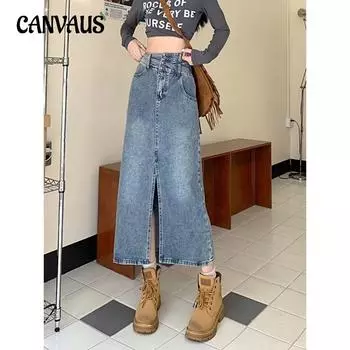 Джинсовая юбка больших размеров с разрезом, юбка до половины тела для женщин, летняя юбка трапециевидной формы средней длины с высокой талией в стиле ретро S синий