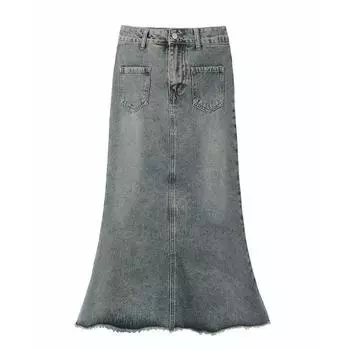 Джинсовая юбка большого размера с высокой талией в стиле ретро с бахромой для весны, с новым дизайнерским сенсом, юбка «рыбий хвост» и длинное платье А-силуэта S