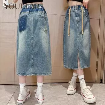 Джинсовая юбка для девочек-подростков, новинка 2024 года, летняя синяя джинсовая юбка с разрезом, детская одежда 120 синий