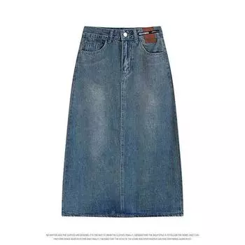 Джинсовая юбка-халтер женская летняя винтажная А-силуэт прямого покроя с разрезом на бедрах с высокой талией средней длины юбка удобная модная джинсовая юбка-бюстье S джинсовый