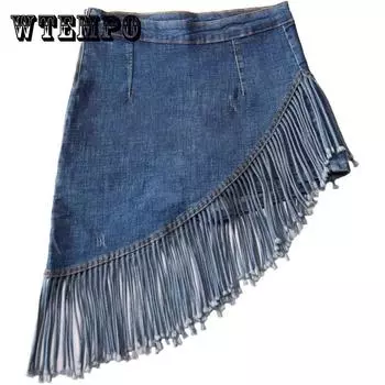 Джинсовая юбка с бахромой Сумка Хакама Ягодицы Весна и лето Корейская версия Шорты из двух частей с искусственной подкладкой XL синий