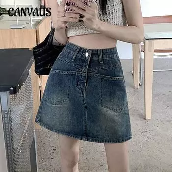 Джинсовая юбка с надписью Spice Girls, женская летняя винтажная юбка с разрезами и карманами, высокая талия S синий