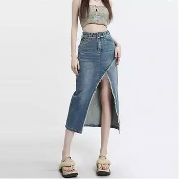 Джинсовая юбка с нерегулярным разрезом в стиле ретро в стиле ретро для женщин, летняя сексуальная джинсовая юбка трапециевидной формы средней длины, модная уличная одежда Y2k, женская XS синий