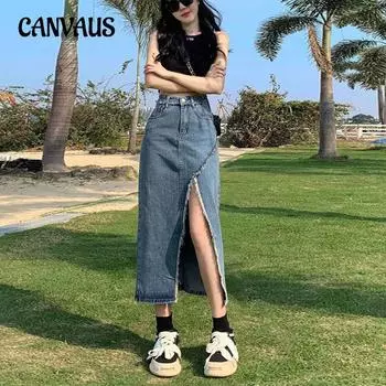 Джинсовая юбка с нерегулярным разрезом, женская повседневная груша с необработанными краями, средней длины, полуоблегающая юбка трапециевидной формы S синий