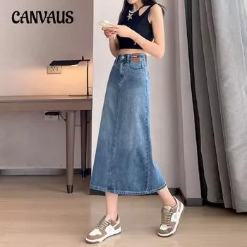 Джинсовая юбка с разрезом, женская летняя винтажная юбка с буквенным принтом и высокой талией, обхватывающая бедра S синий