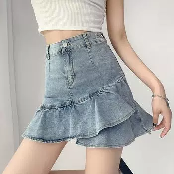 Джинсовая юбка с рюшами для женщин, сексуальные мини-короткие юбки с высокой талией, летние винтажные тонкие плавки Y2k, уличная одежда в корейском стиле XS синий