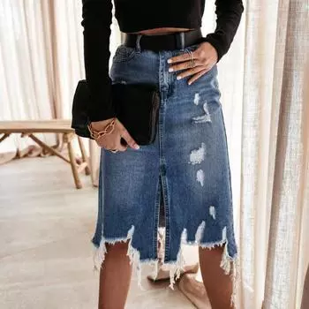 Джинсовая юбка с высокой талией и бедрами, карманы на молнии спереди, летящие рваные отверстия, платье миди с неровным подолом, женская одежда XL синий