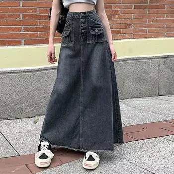 Джинсовая юбка с высокой талией и краями для женщин, свободная длинная юбка большого размера в стиле ретро XL синий