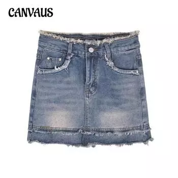 Джинсовая юбка с высокой талией Raw Edge, короткая юбка для женщин, летняя юбка трапециевидной формы размера плюс, юбка трапециевидной формы на бедрах, юбка до половины тела S чёрный