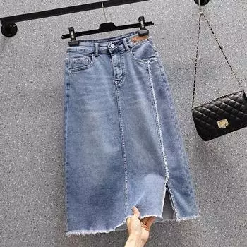 Джинсовая юбка с заплатками из спилка, женская ТРАПЕЦИЕВИДНАЯ ЮБКА до середины икры с кисточками, эластичная юбка с высокой талией, синяя летняя элегантная мода 5XL синий