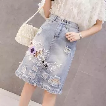 Джинсовая юбка с завышенной талией и бахромой из бисера - женская летняя мода L