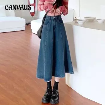 Джинсовая юбка трапециевидной формы, юбка-зонтик, весенне-осенняя юбка с высокой талией, женская юбка больших размеров S синий