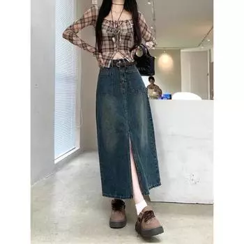 Джинсовая юбка в стиле ретро, женская мода, простой дизайн с разрезом, юбка средней длины, универсальная облегающая женская юбка XL синий