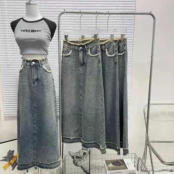 Джинсовая юбка женская А-силуэт с необработанным краем, халтер, высокая талия, повседневная, винтажная, пакет, бедра, средняя длина, юбка, удобная, модная, джинсовая юбка-бюстье S джинсовый