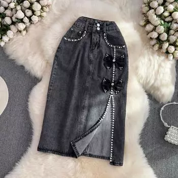 Джинсовая юбка женская летняя с высокой талией средней длины закрывающая промежность чтобы показать стройность с бусинами разрезом А-силуэта юбка на бедра L