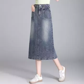 Джинсовая юбка женская летняя юбка средней и длинной длины с высокой талией, женская юбка-драп, весенняя женская юбка небольшого размера высокого класса M (recommended weight 90-51.5 kg) синий
