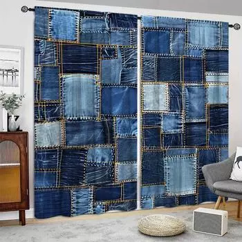 Джинсовая занавеска с принтом в виде сращивания для домашнего декора - оконная отделка с карманами для спальни, кухни, гостиной 52.5cmX116cm X 2pcs