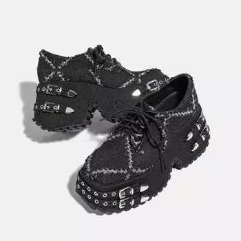 Джинсовая женская обувь в стиле панк, на шнуровке, на высоком каблуке, одинарные туфли для женщин, дизайнерская мода, толстая подошва, джинсовая обувь, обувь на платформе 34 чёрный